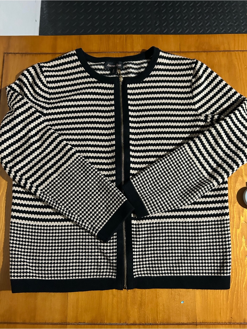 (3/$10) Women's Black & White Striped Zip-Front Cardigan Sweater